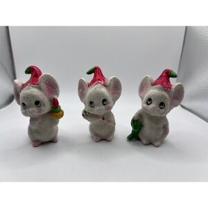 3 Vintage Anthropomorphic‎ Ceramic Sugared White Christmas Mice MCM Xmas Decor